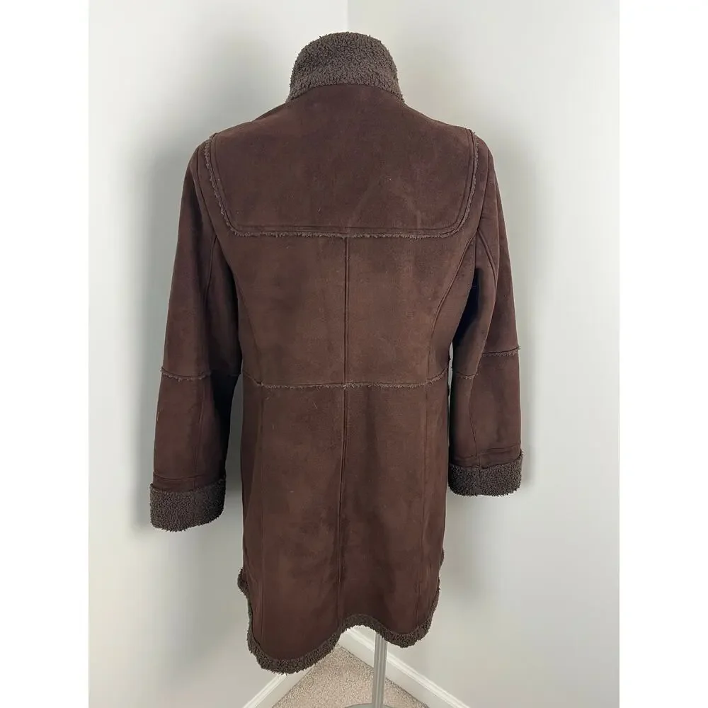 Vintage Talbots Chocolate Brown Faux Fur Trim Suede Toggle Coat Petite Large - Picture 3 of 8